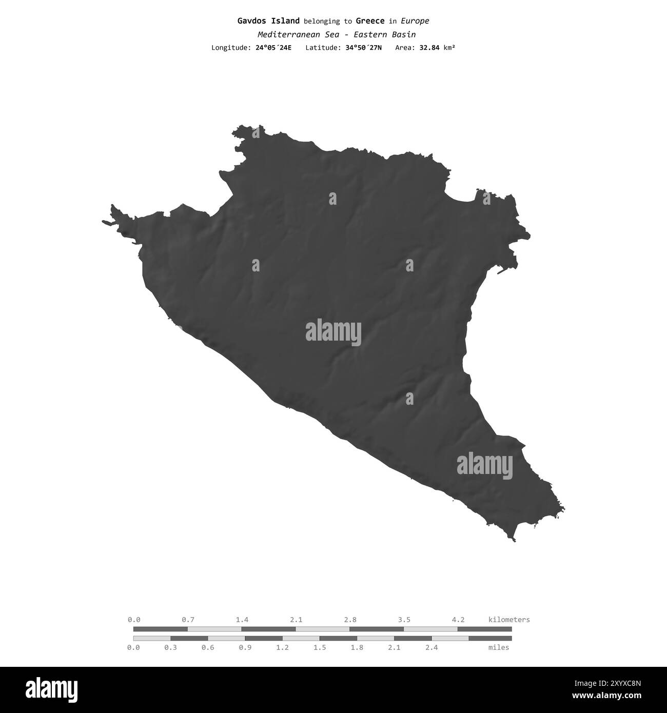 Isola di Gavdos nel Mar Mediterraneo - bacino orientale, appartenente alla Grecia, isolata su una mappa di elevazione a due livelli, con scala di distanza Foto Stock