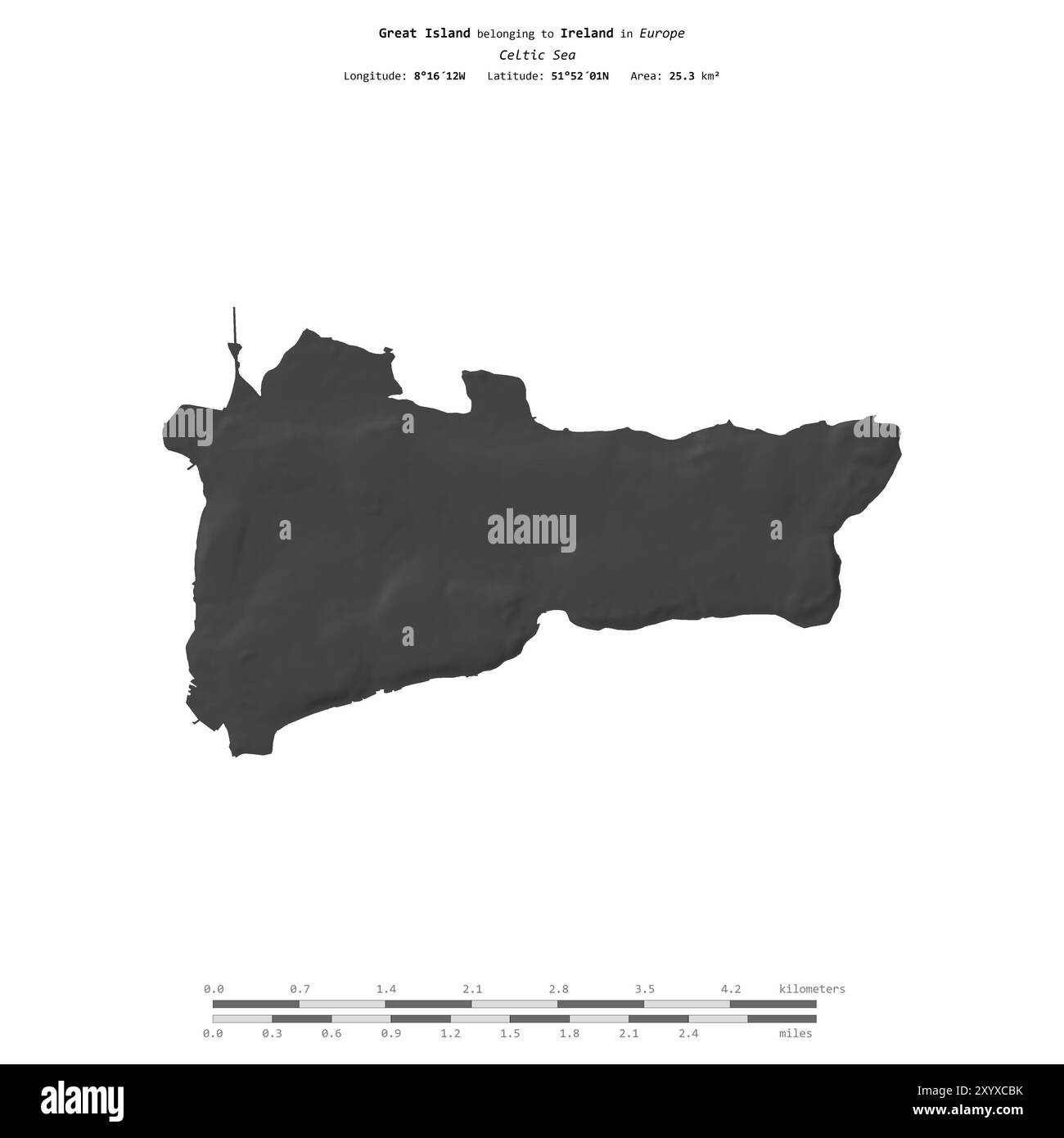 Great Island nel Mar Celtico, appartenente all'Irlanda, isolata su una mappa a due livelli, con scala di distanza Foto Stock