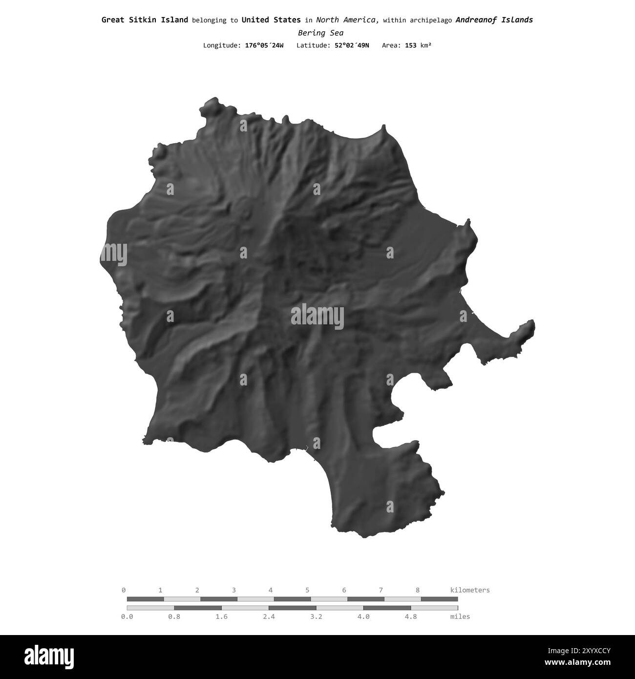 Great Sitkin Island nel Mare di Bering, appartenente agli Stati Uniti, isolata su una mappa di elevazione a due livelli, con scala di distanza Foto Stock