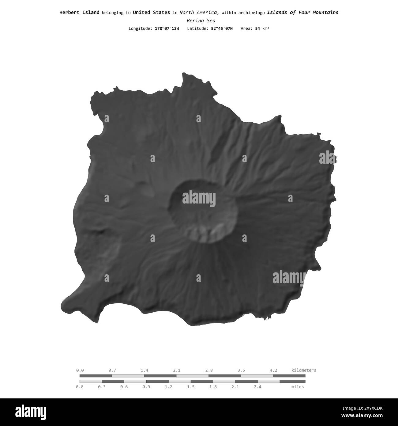 Herbert Island nel Mare di Bering, appartenente agli Stati Uniti, isolata su una mappa di elevazione a due livelli, con scala di distanza Foto Stock