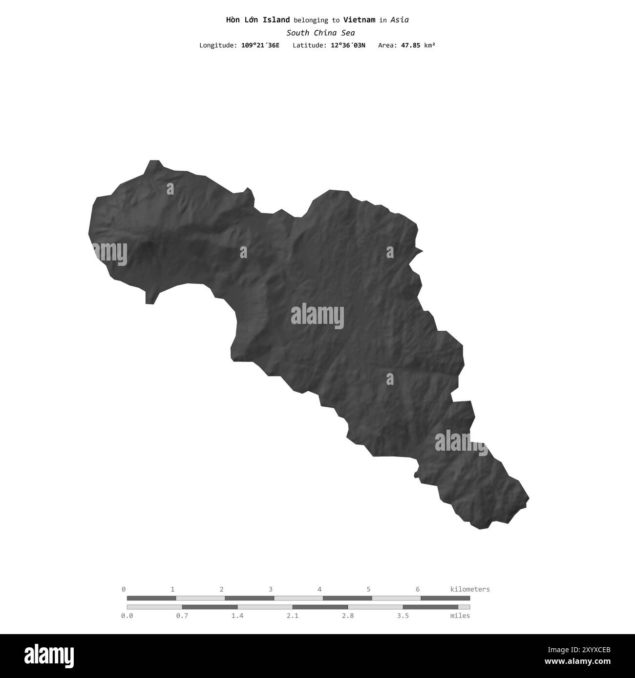 Isola di Hon Lon nel Mar Cinese meridionale, appartenente al Vietnam, isolata su una mappa di elevazione a due livelli, con scala di distanza Foto Stock