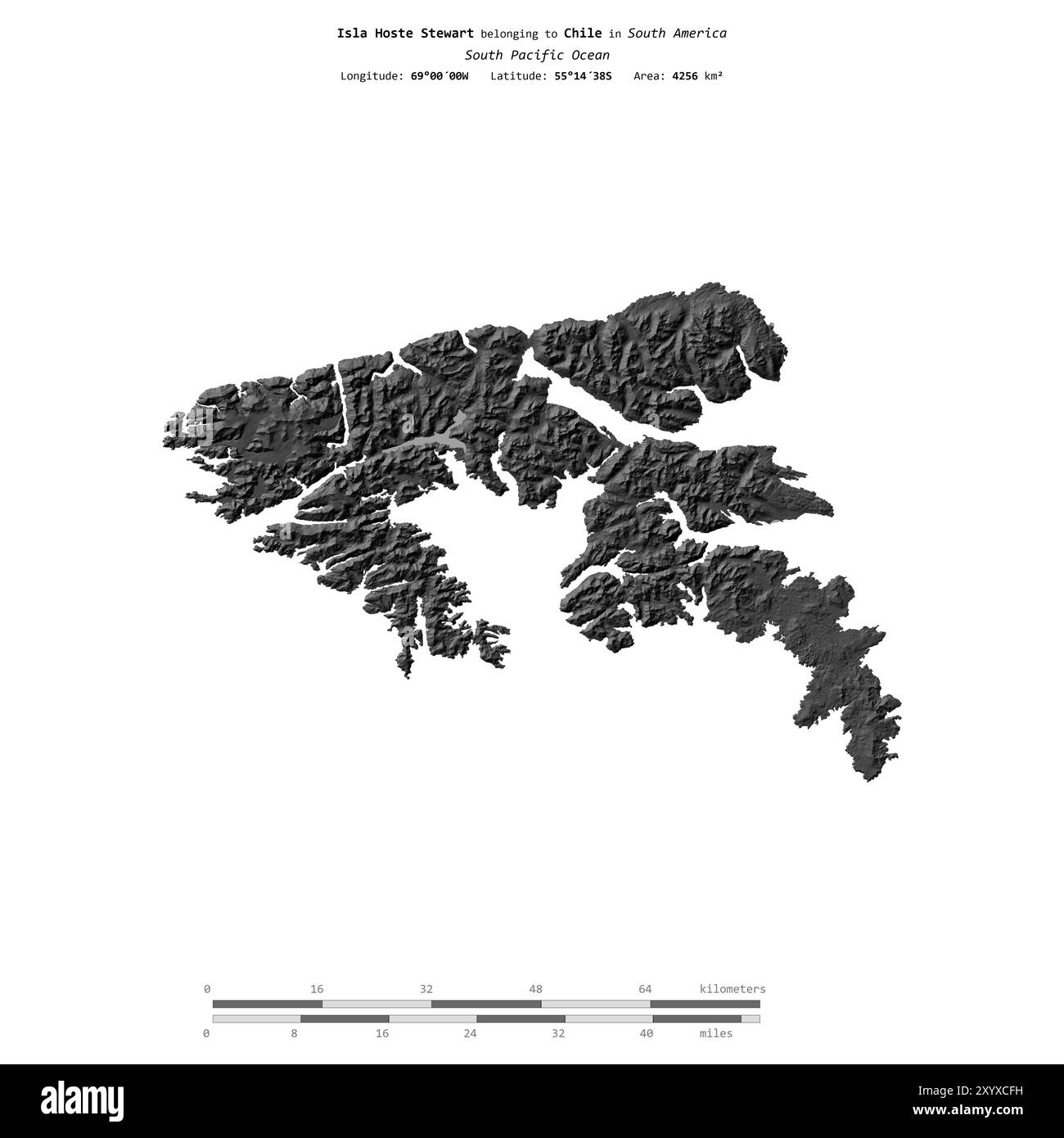 Isla Hoste Stewart nell'Oceano Pacifico meridionale, appartenente al Cile, isolata su una mappa di elevazione a due livelli, con scala di distanza Foto Stock