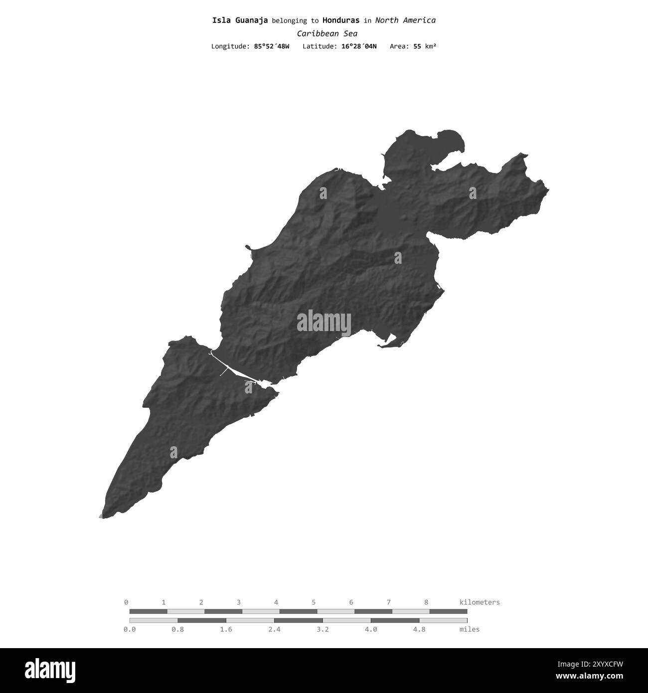Isla Guanaja nel Mar dei Caraibi, appartenente all'Honduras, isolata su una mappa di elevazione a due livelli, con scala di distanza Foto Stock