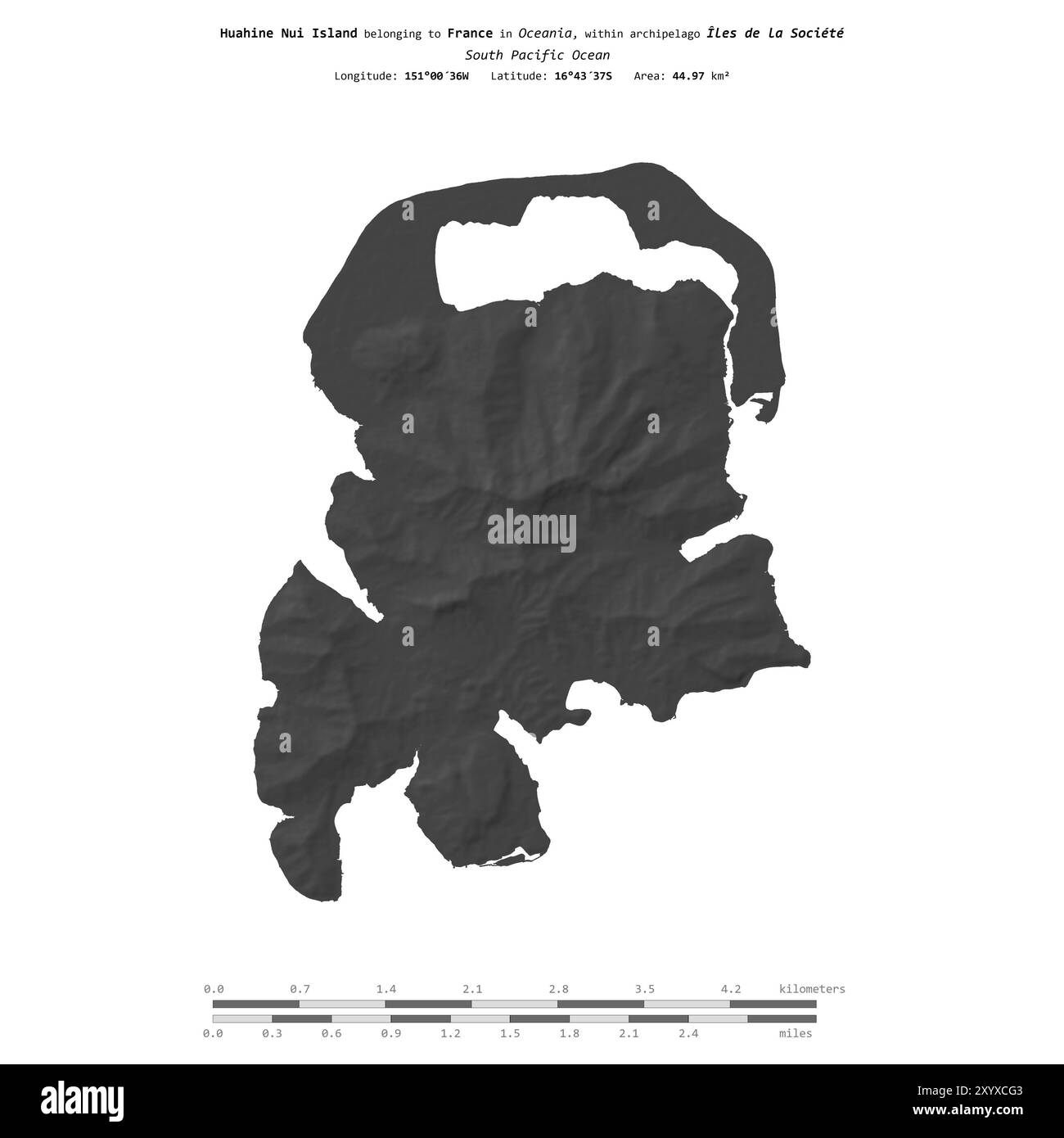 Isola di Huahine Nui nell'Oceano Pacifico meridionale, appartenente alla Francia, isolata su una mappa di elevazione a due livelli, con scala di distanza Foto Stock