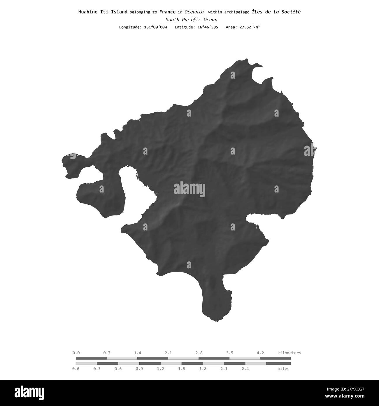 Isola di Huahine Iti nell'Oceano Pacifico meridionale, appartenente alla Francia, isolata su una mappa di elevazione a due livelli, con scala di distanza Foto Stock