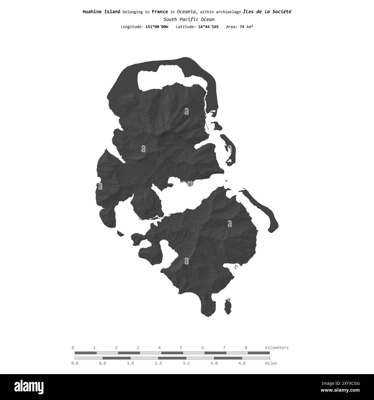 Isola di Huahine nell'Oceano Pacifico meridionale, appartenente alla Francia, isolata su una mappa di elevazione a due livelli, con scala di distanza Foto Stock