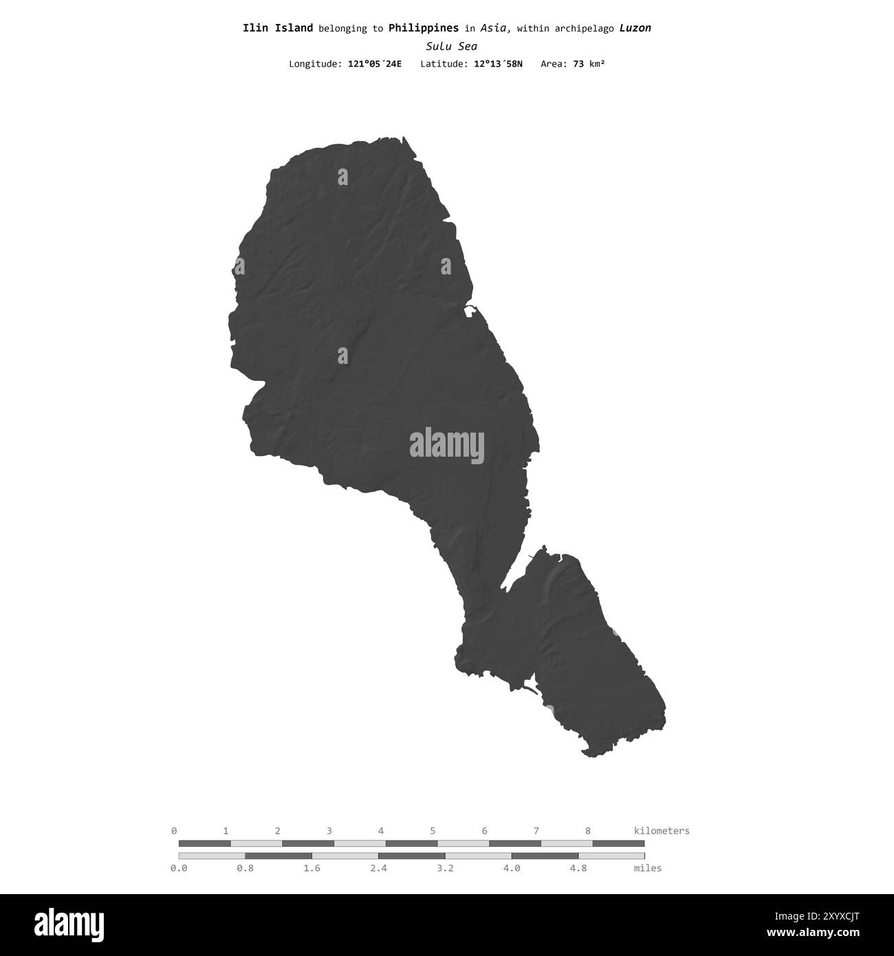 Isola di Ilin nel Mare di Sulu, appartenente alle Filippine, isolata su una mappa di elevazione a due livelli, con scala di distanza Foto Stock