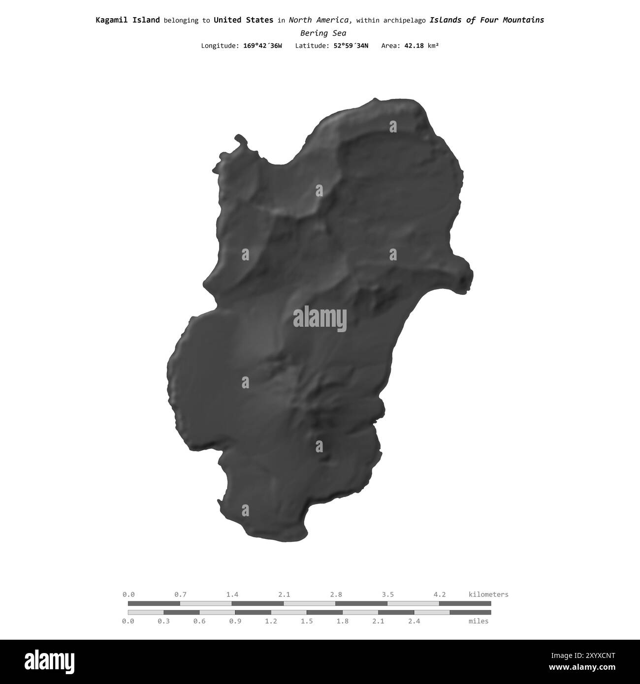 Isola di Kagamil nel Mare di Bering, appartenente agli Stati Uniti, isolata su una mappa di elevazione a due livelli, con scala di distanza Foto Stock
