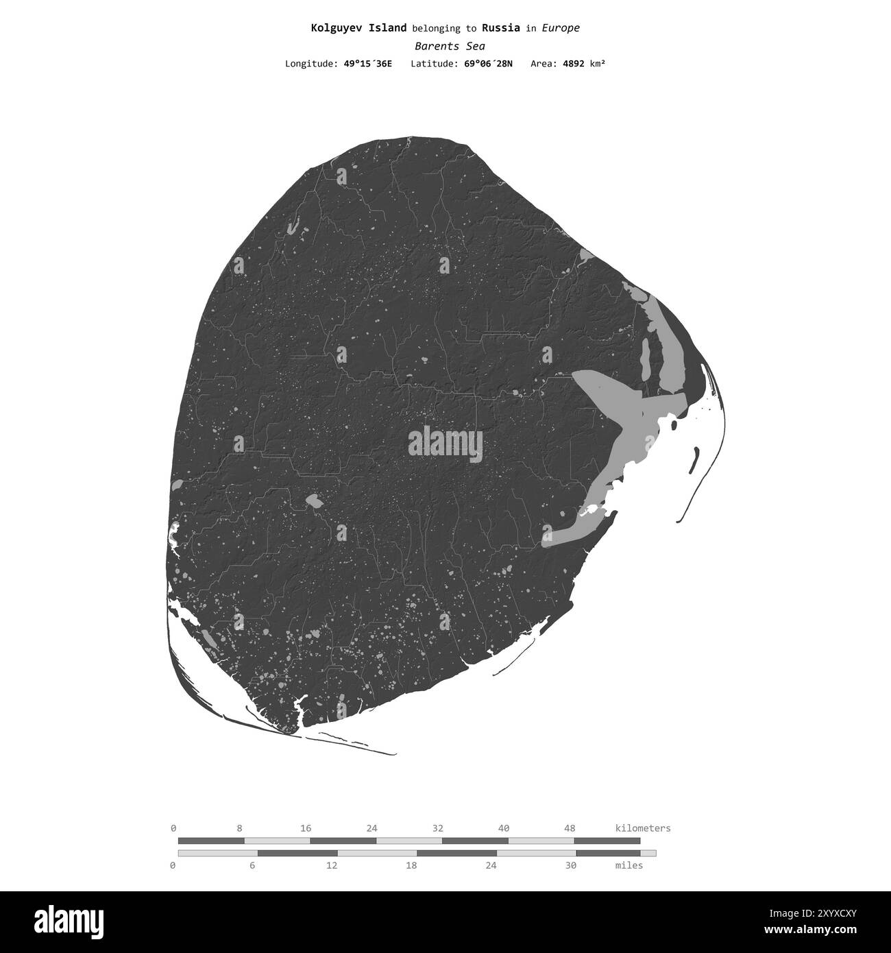 Isola di Kolguyev nel Mare di Barents, appartenente alla Russia, isolata su una mappa di elevazione a due livelli, con scala di distanza Foto Stock