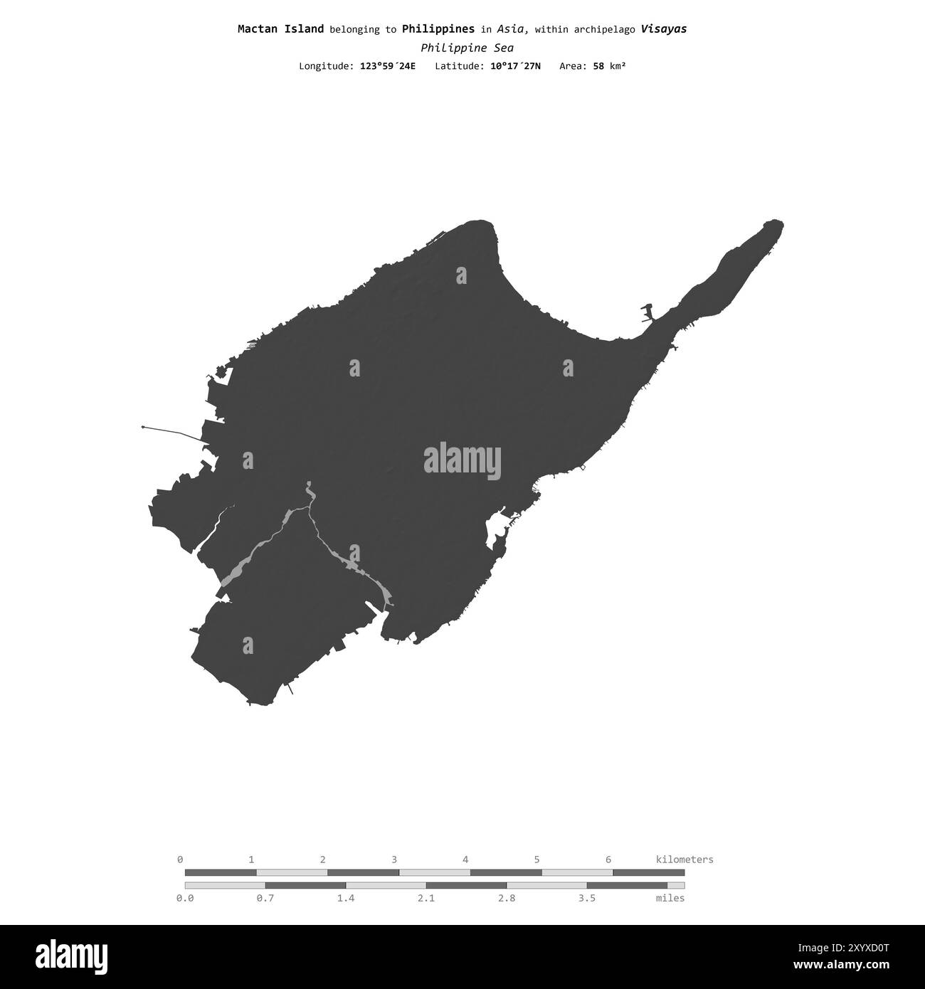 Isola Mactan nel Mar delle Filippine, appartenente alle Filippine, isolata su una mappa di elevazione a due livelli, con scala di distanza Foto Stock