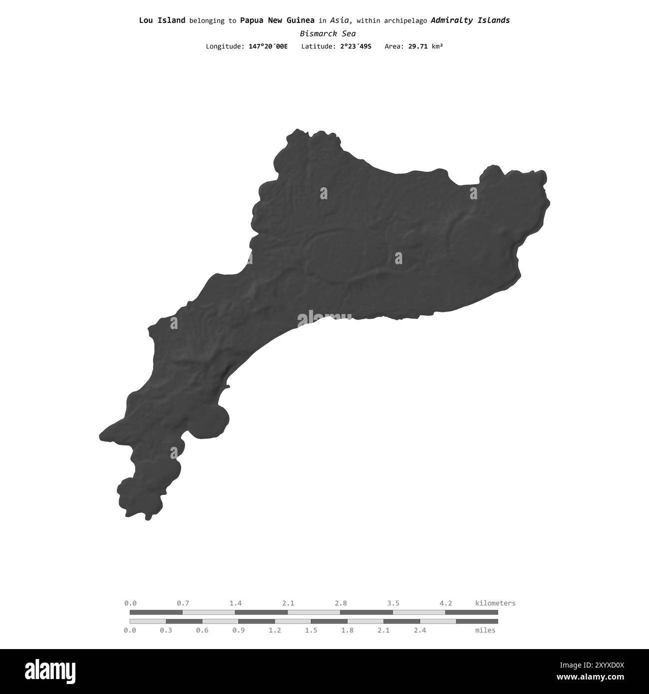Isola di Lou nel Mare di Bismarck, appartenente alla Papua nuova Guinea, isolata su una mappa di elevazione a due livelli, con scala di distanza Foto Stock