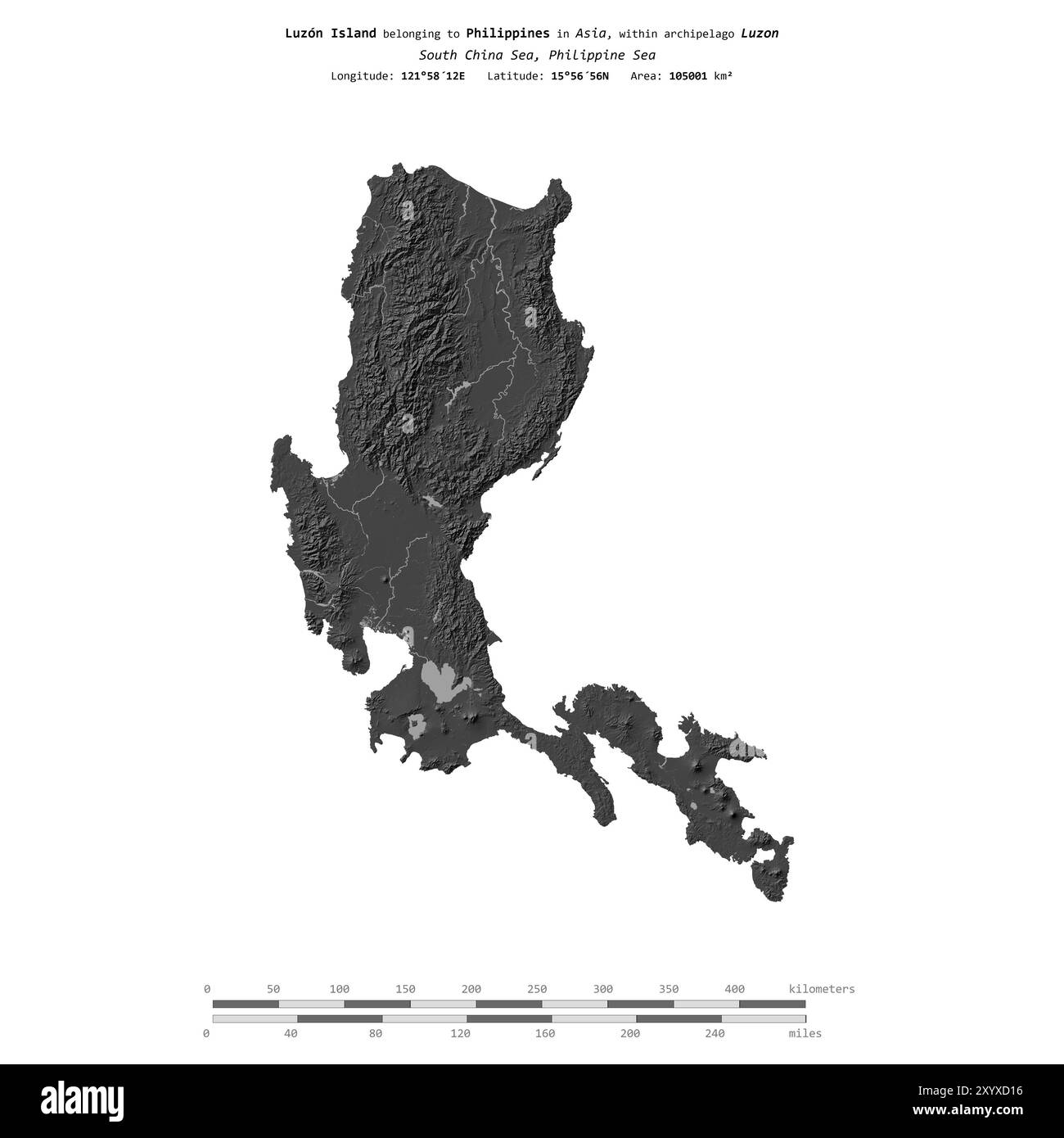 Isola di Luzon nel Mar delle Filippine, isolata su una mappa di elevazione a due livelli, con scala di distanza Foto Stock