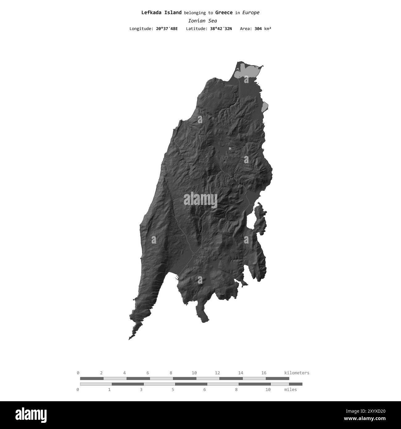 Isola di Lefkada nel Mar Ionio, appartenente alla Grecia, isolata su una mappa di elevazione a due livelli, con scala di distanza Foto Stock