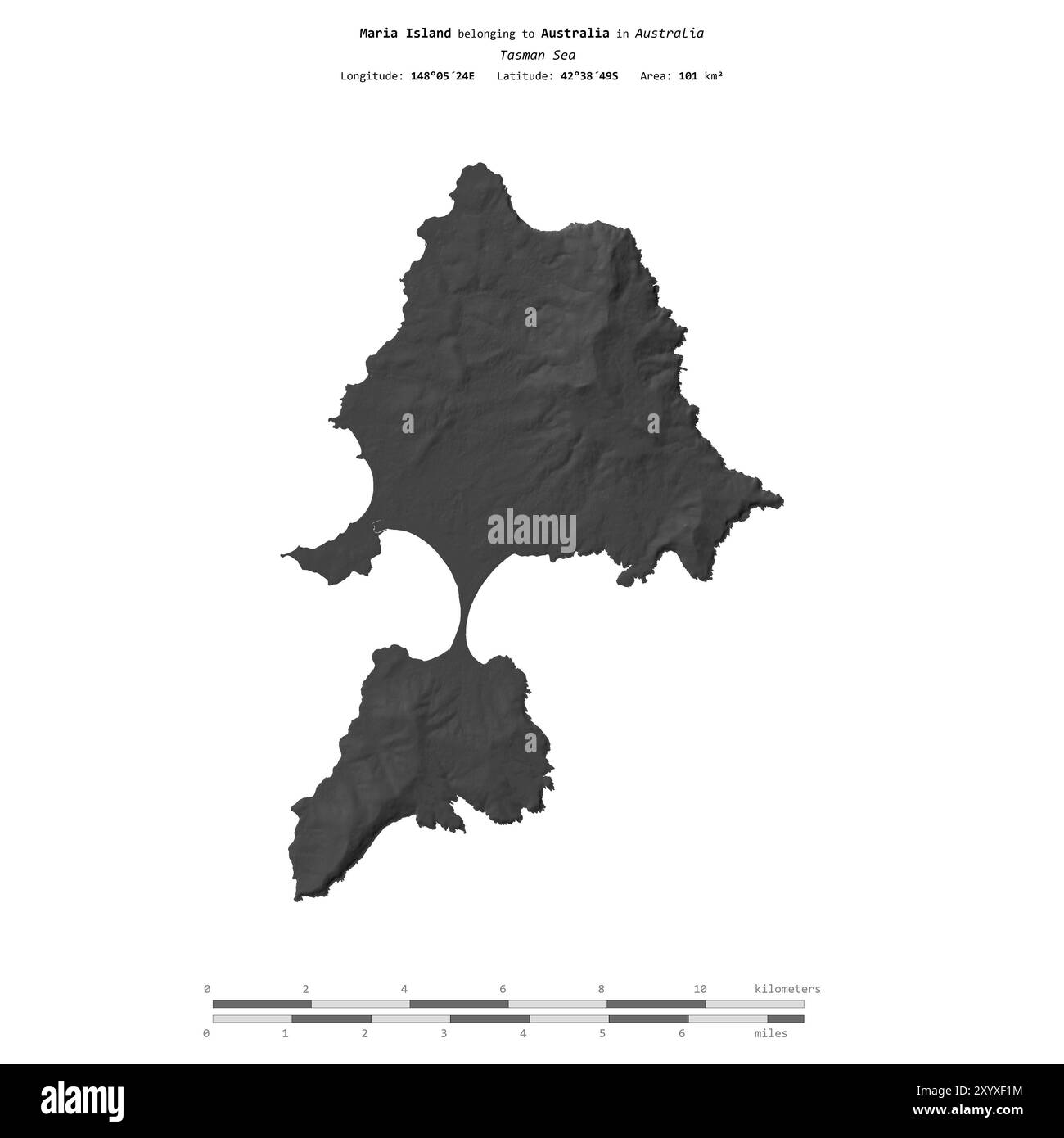 Maria Island nel Mare di Tasman, appartenente all'Australia, isolata su una mappa di elevazione a due livelli, con scala di distanza Foto Stock