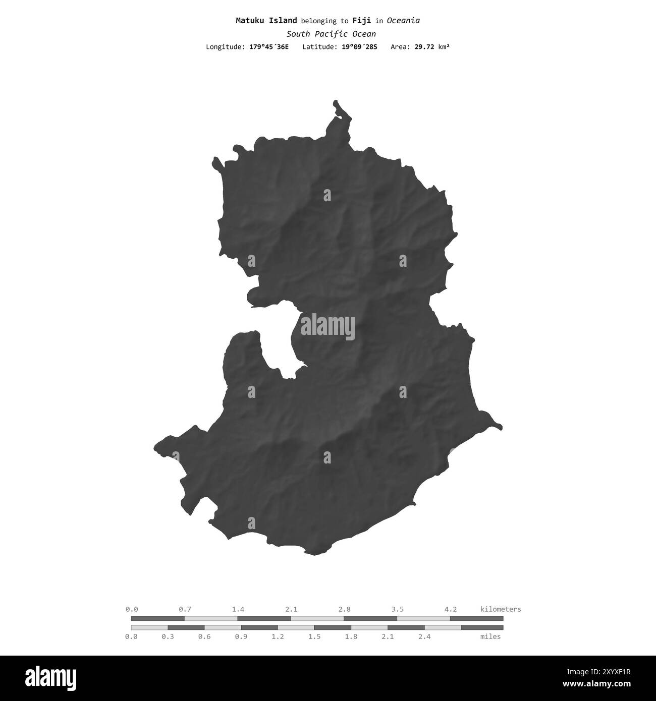 Isola Matuku nell'Oceano Pacifico meridionale, appartenente alle Figi, isolata su una mappa di elevazione a due livelli, con scala di distanza Foto Stock