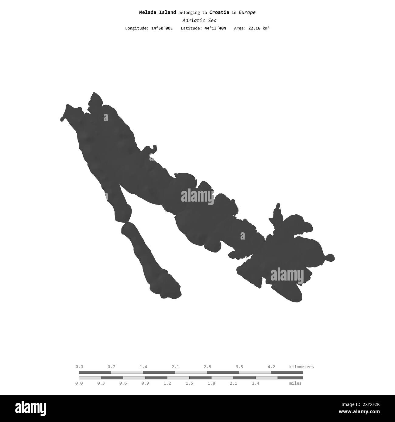 Isola di Melada nel Mare Adriatico, appartenente alla Croazia, isolata su una mappa di elevazione a due livelli, con scala di distanza Foto Stock