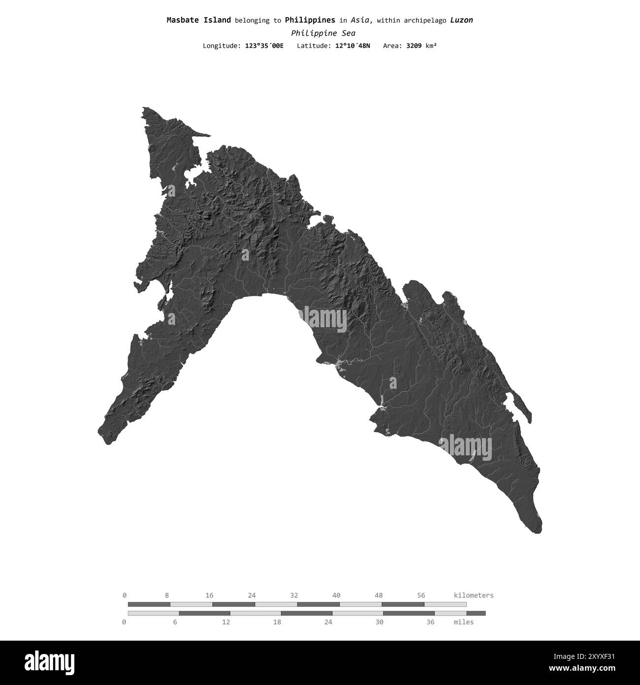 Masbate Island, nel Mar delle Filippine, isolata su una mappa di elevazione a due livelli, con scala di distanza Foto Stock