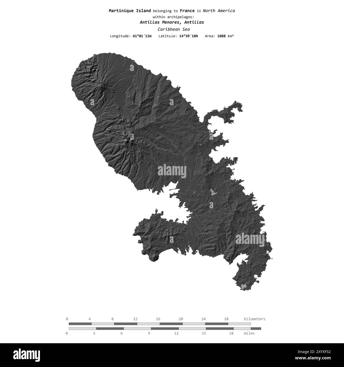 Isola Martinica nel Mar dei Caraibi, appartenente alla Francia, isolata su una mappa di elevazione a due livelli, con scala di distanza Foto Stock