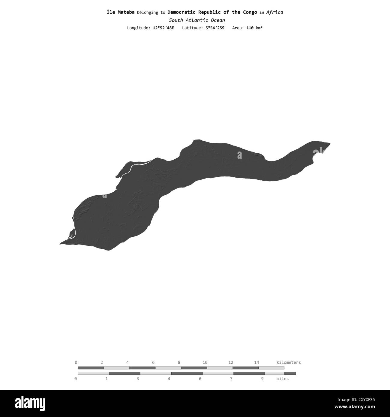 Ile Mateba nell'Oceano Atlantico meridionale, appartenente alla Repubblica Democratica del Congo, isolato su una mappa di elevazione a due livelli, con scala di distanza Foto Stock
