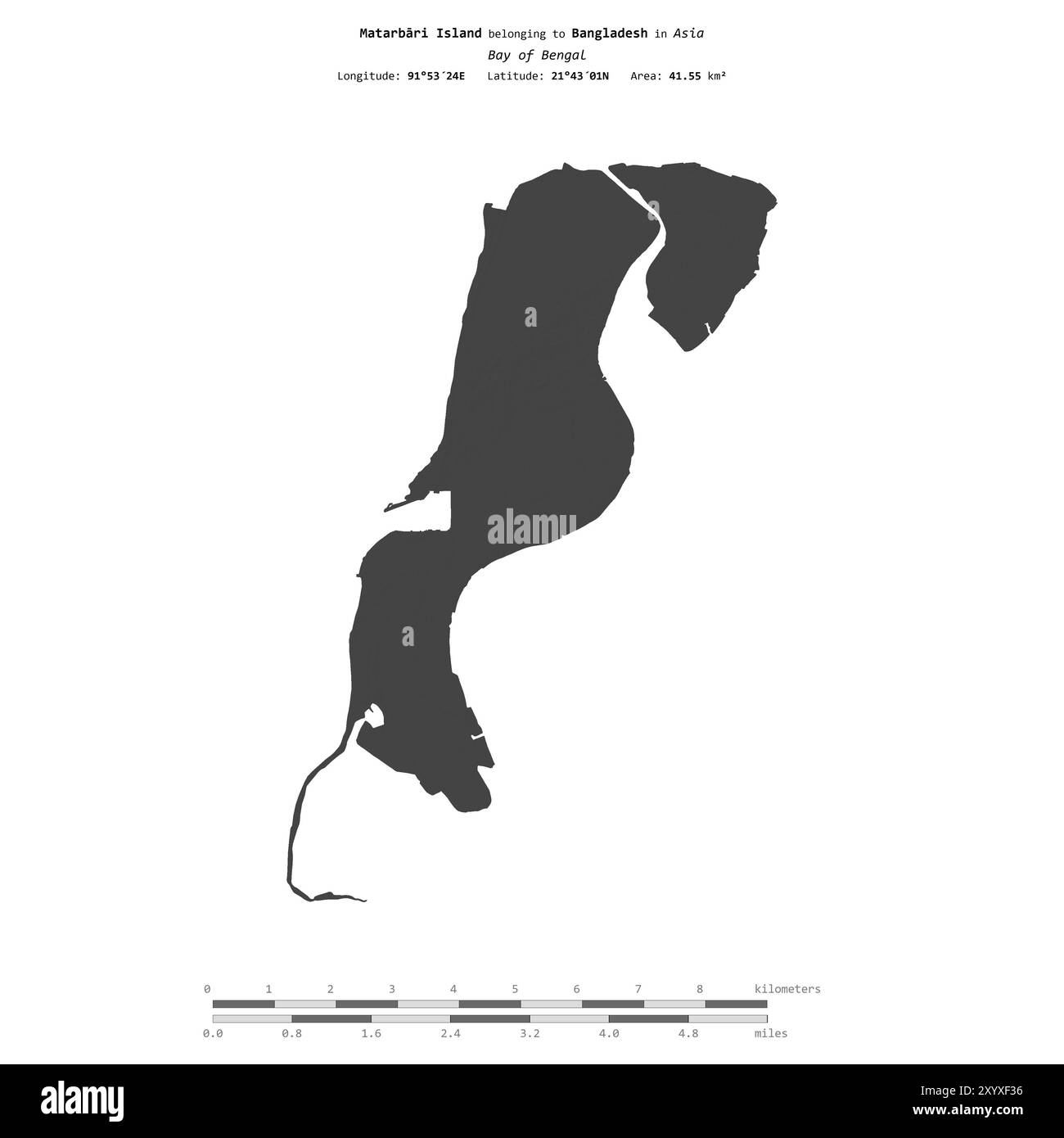 Isola di Matarbari nella Baia del Bengala, appartenente al Bangladesh, isolata su una mappa di elevazione a due livelli, con scala di distanza Foto Stock