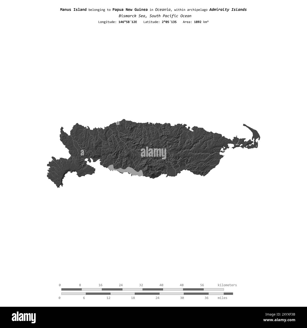 Isola Manus nel Mare di Bismarck, appartenente alla Papua nuova Guinea, isolata su una mappa di elevazione a due livelli, con scala di distanza Foto Stock