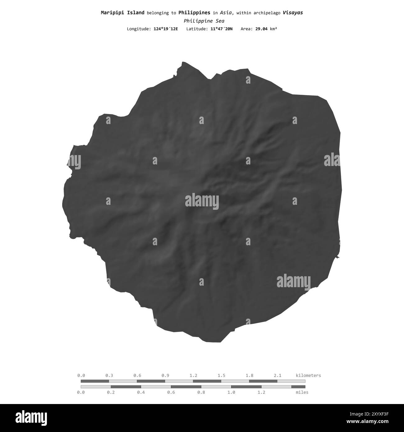 Isola Maripipi nel Mar delle Filippine, appartenente alle Filippine, isolata su una mappa di elevazione a due livelli, con scala di distanza Foto Stock
