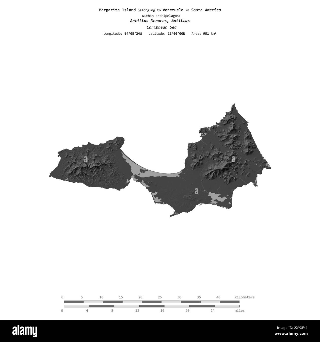 Isola Margarita nel Mar dei Caraibi, appartenente al Venezuela, isolata su una mappa a due livelli, con scala di distanza Foto Stock