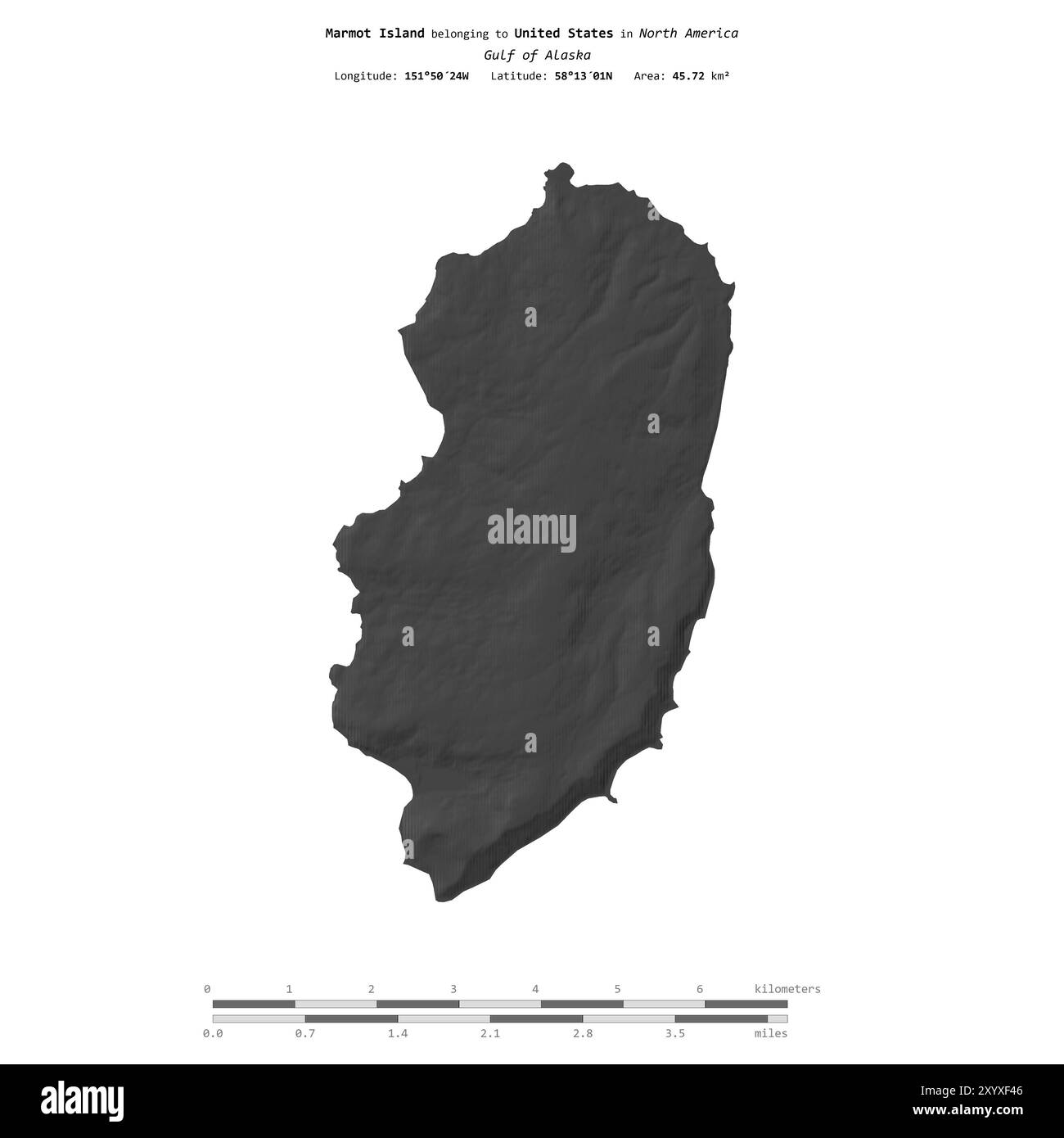 Marmot Island nel Golfo dell'Alaska, appartenente agli Stati Uniti, isolata su una mappa di elevazione a due livelli, con scala di distanza Foto Stock