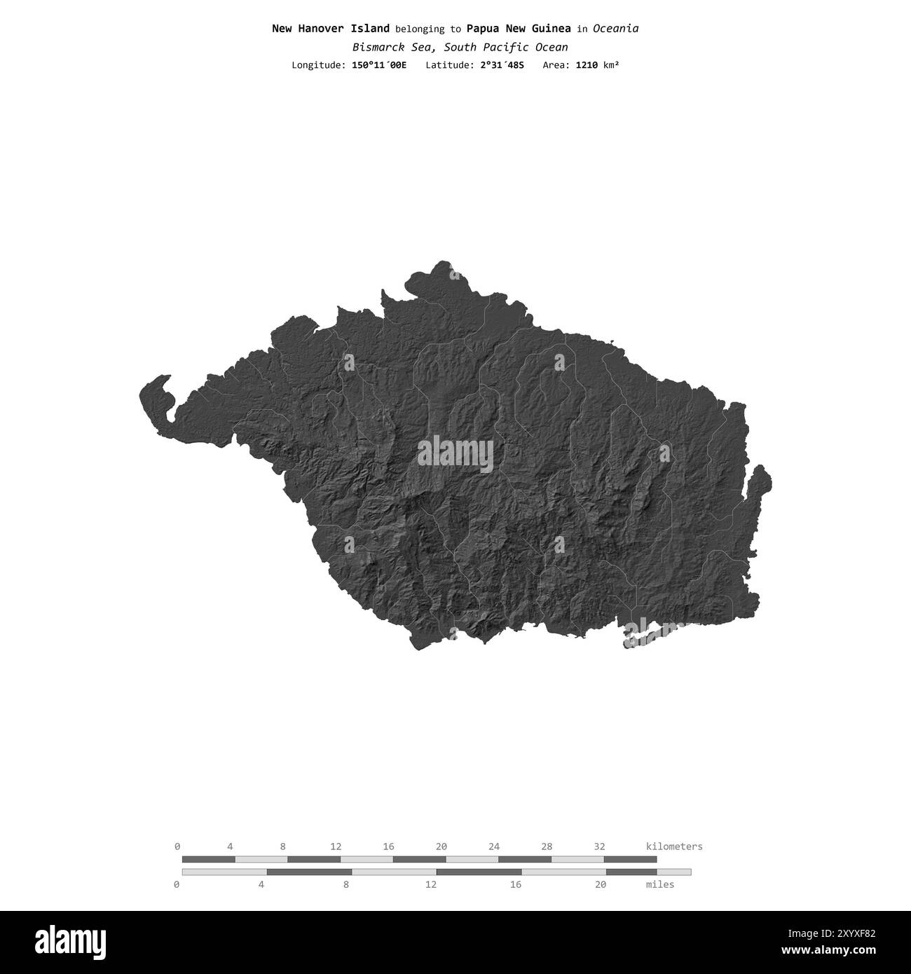 Isola di New Hanover nel Mare di Bismarck, appartenente alla Papua nuova Guinea, isolata su una mappa di elevazione a due livelli, con scala di distanza Foto Stock