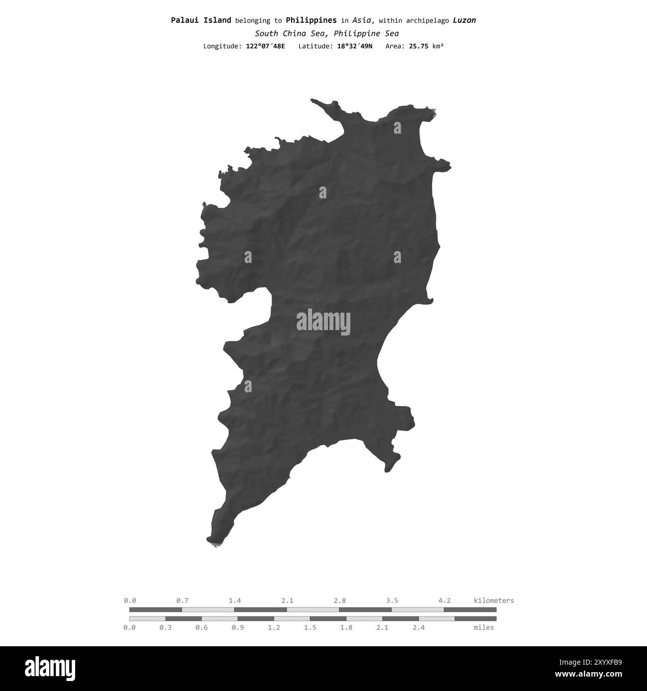 Isola Palaui nel Mare delle Filippine, appartenente alle Filippine, isolata su una mappa di elevazione a due livelli, con scala di distanza Foto Stock