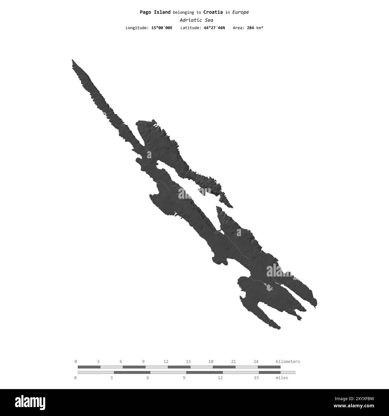 Isola di Pago nel Mare Adriatico, appartenente alla Croazia, isolata su una mappa di elevazione a due livelli, con scala di distanza Foto Stock