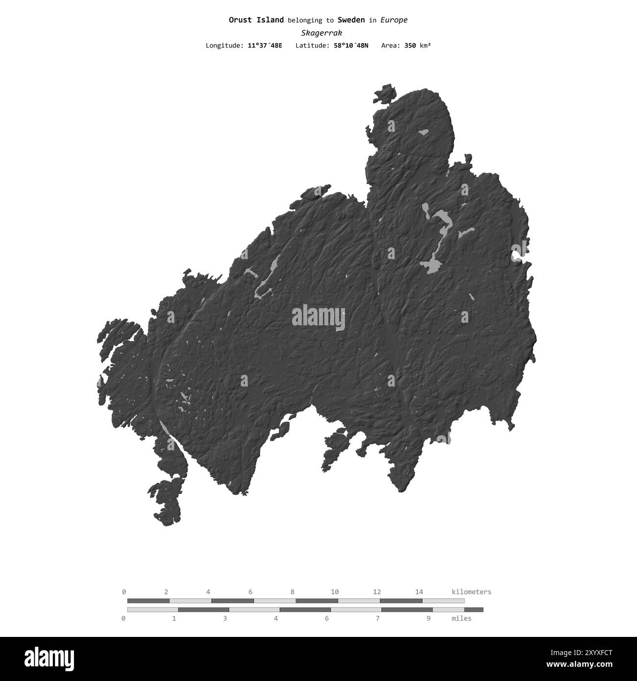 Isola di Orust nello Skagerrak, appartenente alla Svezia, isolata su una mappa di elevazione a due livelli, con scala di distanza Foto Stock