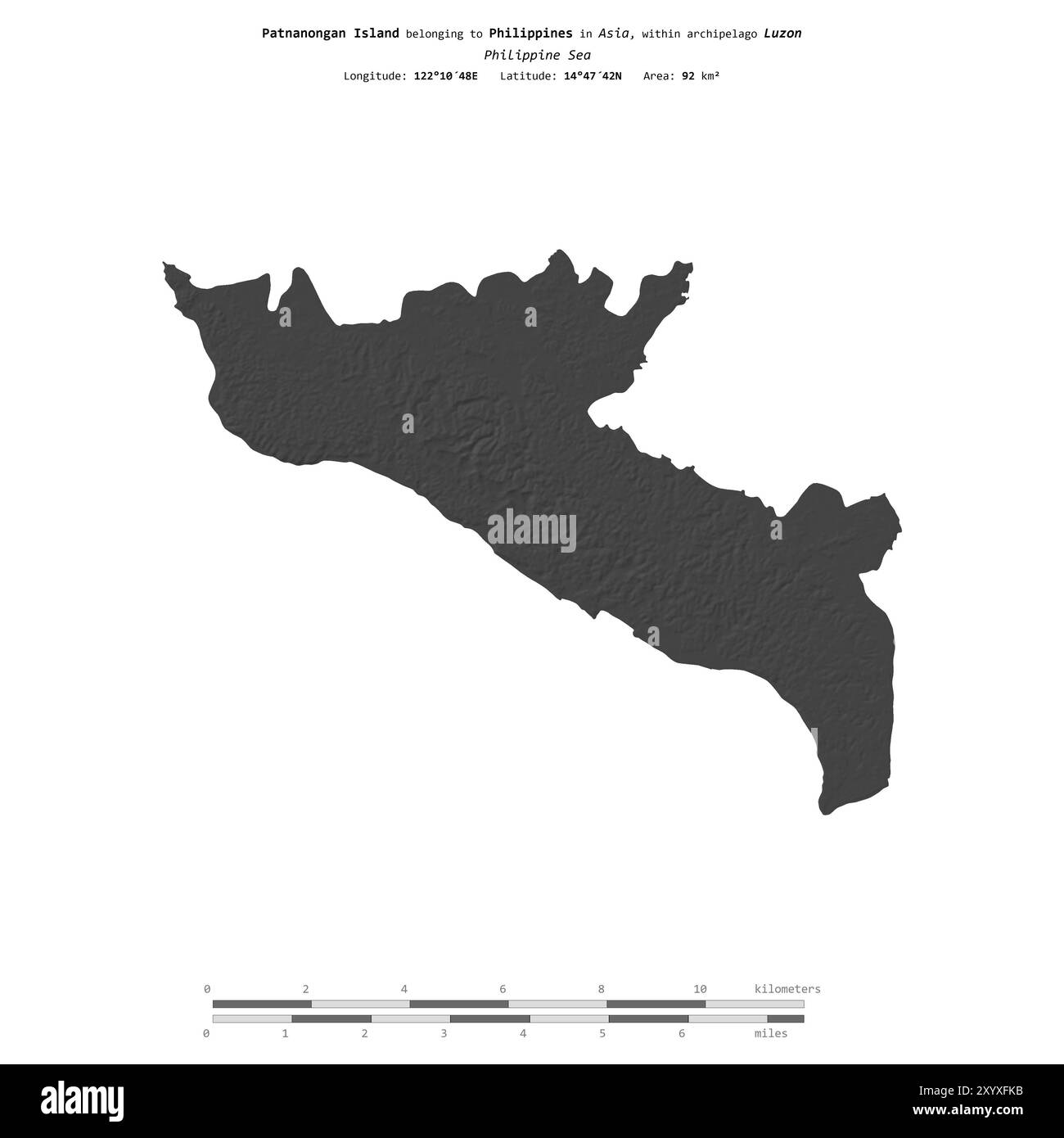 Isola di Patnanongan, nel Mar delle Filippine, isolata su una mappa di elevazione a due livelli, con scala di distanza Foto Stock