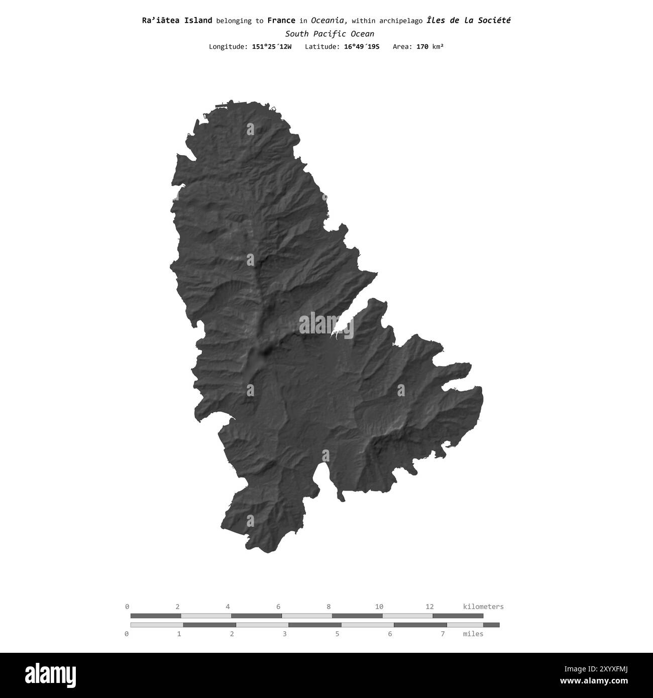 Isola di Raiatea nell'Oceano Pacifico meridionale, appartenente alla Francia, isolata su una mappa di elevazione a due livelli, con scala di distanza Foto Stock