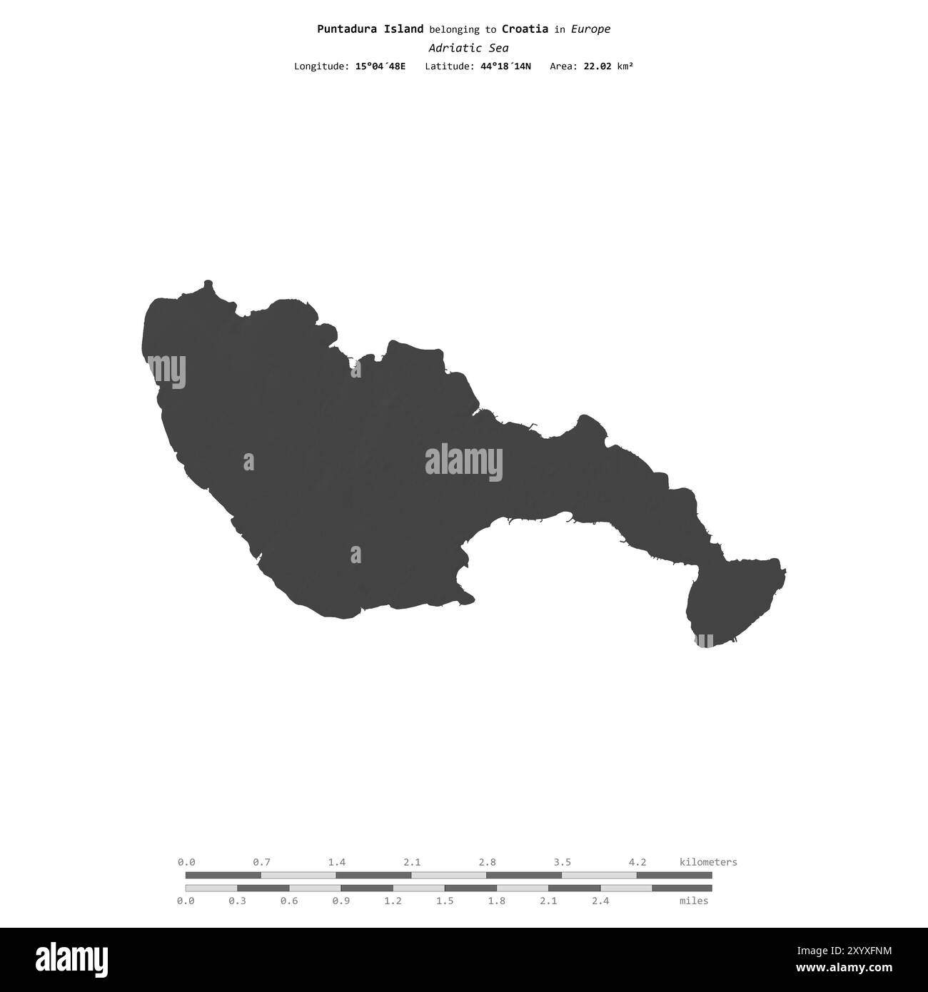 Isola di Puntadura nel Mare Adriatico, appartenente alla Croazia, isolata su una mappa di elevazione a due livelli, con scala di distanza Foto Stock