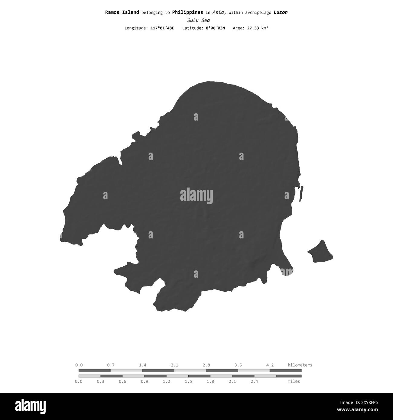 Ramos Island nel Mare di Sulu, appartenente alle Filippine, isolata su una mappa di elevazione a due livelli, con scala di distanza Foto Stock