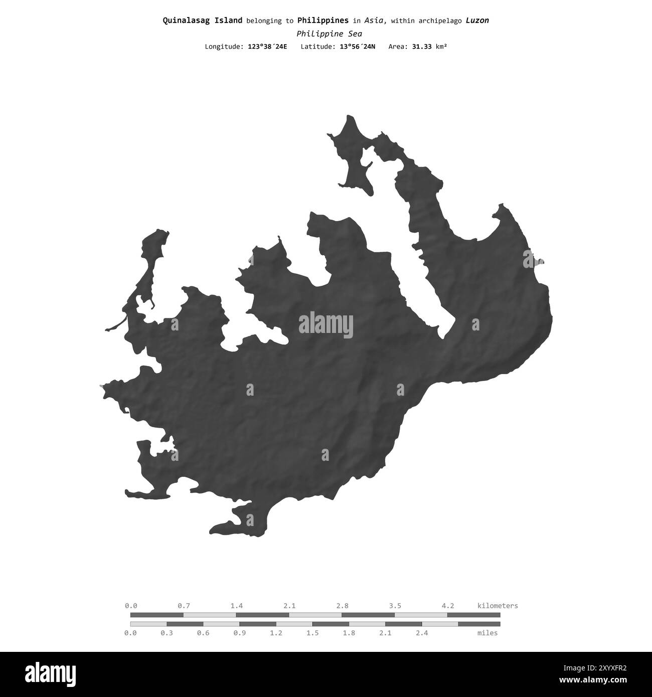 Isola Quinalasag nel Mar delle Filippine, isolata su una mappa a due livelli, con scala di distanza Foto Stock