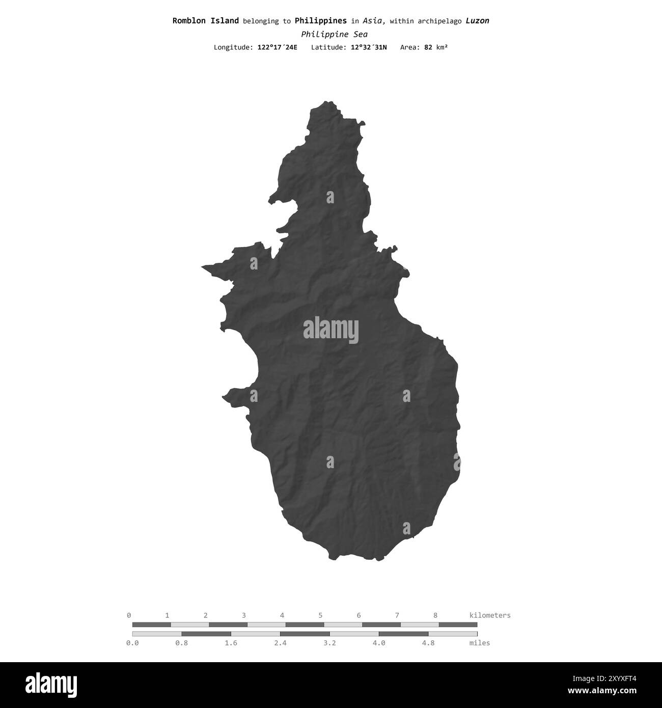 Romblon Island, nel Mar delle Filippine, isolata su una mappa di elevazione a due livelli, con scala di distanza Foto Stock