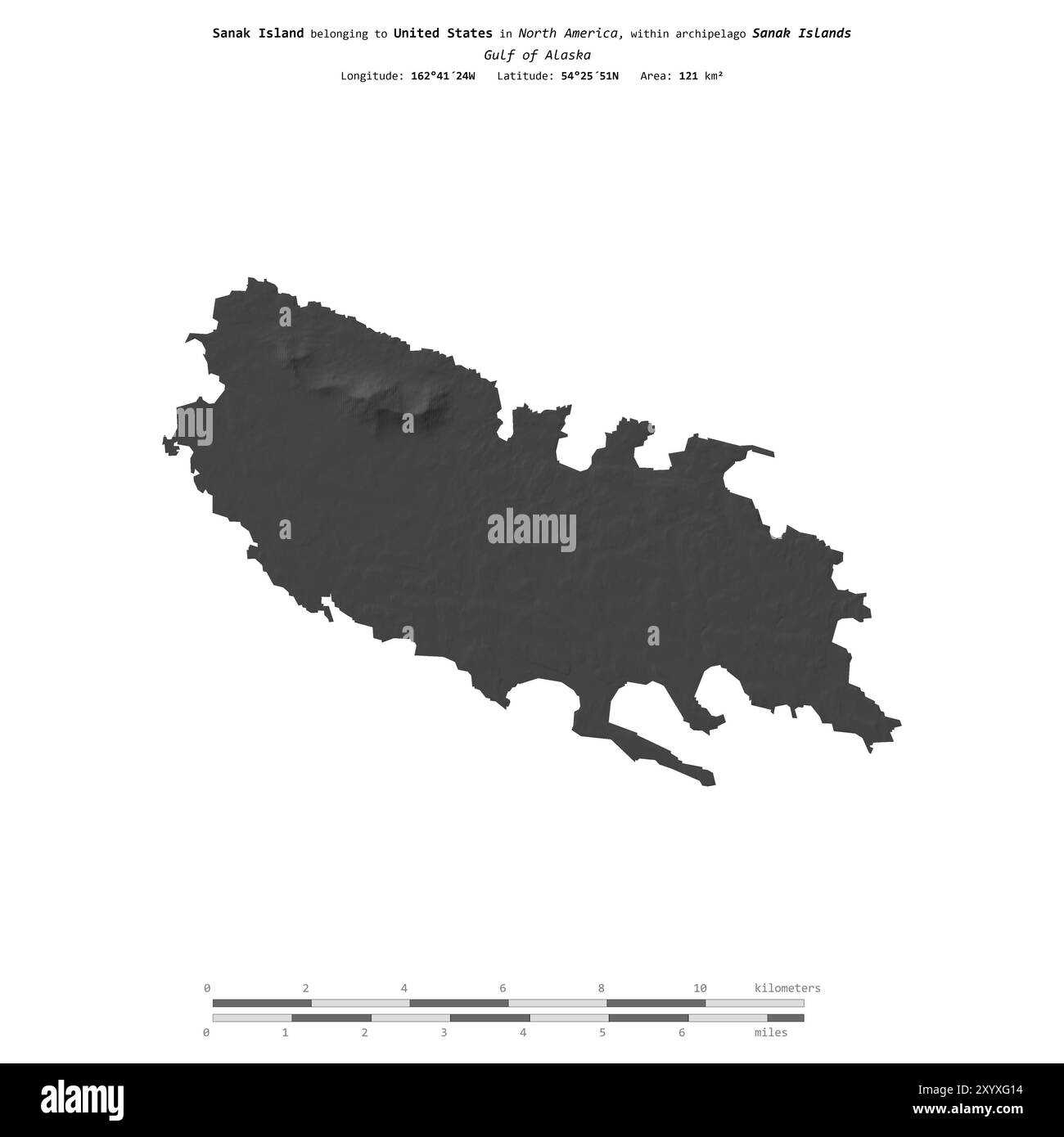 Isola Sanak nel Golfo dell'Alaska, appartenente agli Stati Uniti, isolata su una mappa di elevazione a due livelli, con scala di distanza Foto Stock