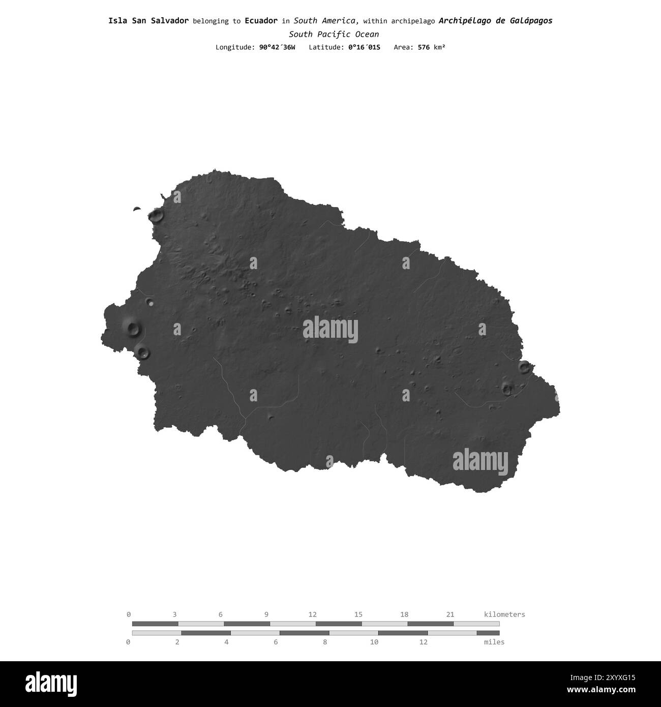 Isla San Salvador nell'Oceano Pacifico meridionale, appartenente all'Ecuador, isolata su una mappa di elevazione a due livelli, con scala di distanza Foto Stock