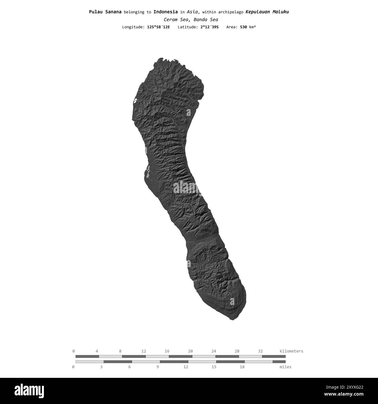 Pulau Sanana nel Mare di Ceram, appartenente all'Indonesia, isolata su una mappa di elevazione a due livelli, con scala di distanza Foto Stock