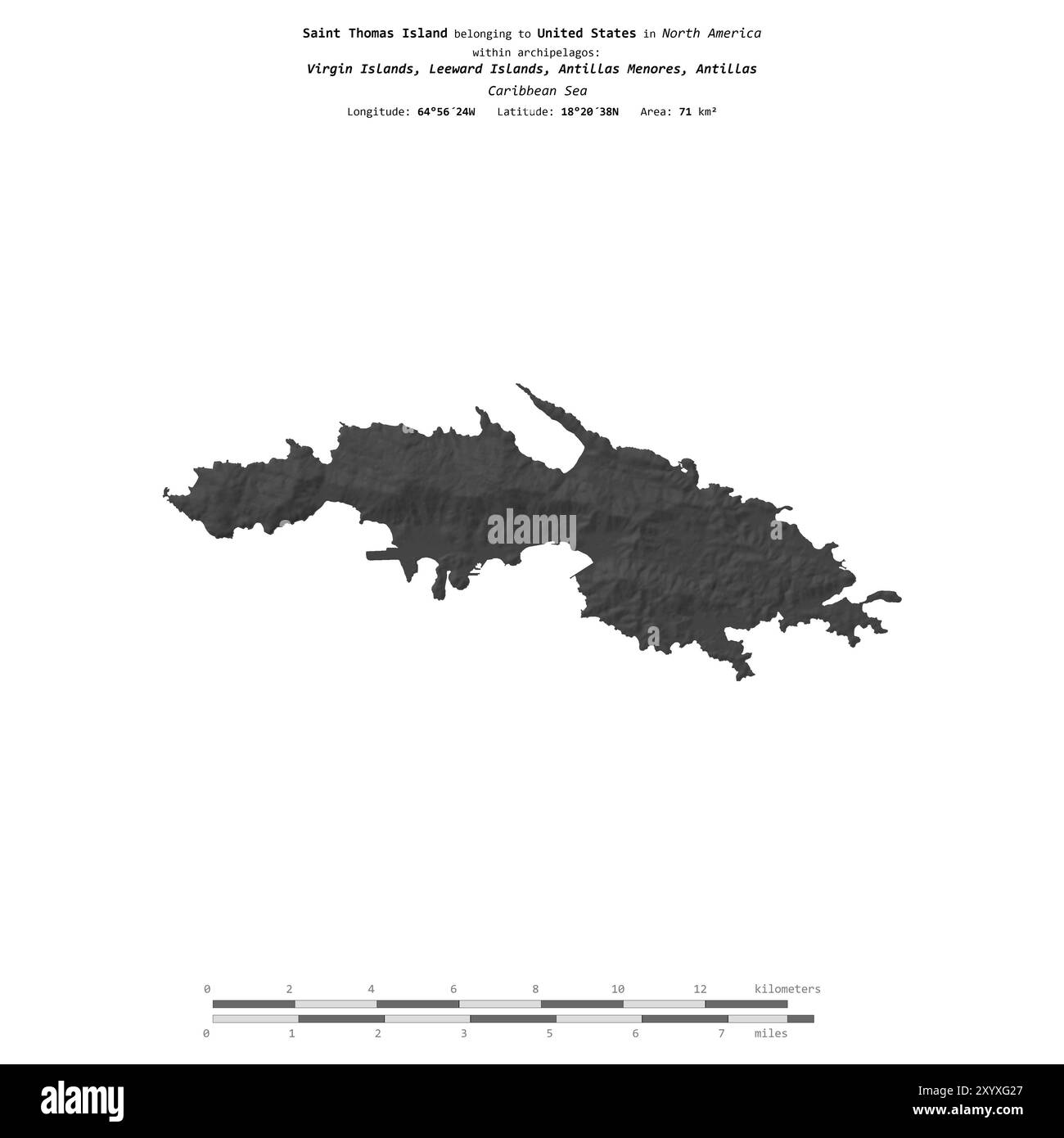 Isola di Saint Thomas nel Mar dei Caraibi, appartenente alle Isole Vergini americane, isolata su una mappa a due livelli, con scala di distanza Foto Stock