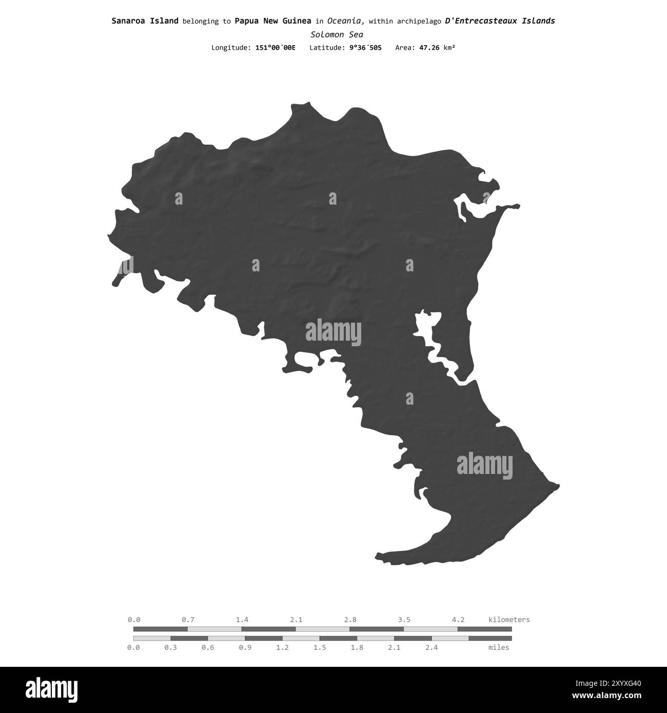 Isola di Sanaroa nel Mare delle Salomone, appartenente alla Papua nuova Guinea, isolata su una mappa di elevazione a due livelli, con scala di distanza Foto Stock