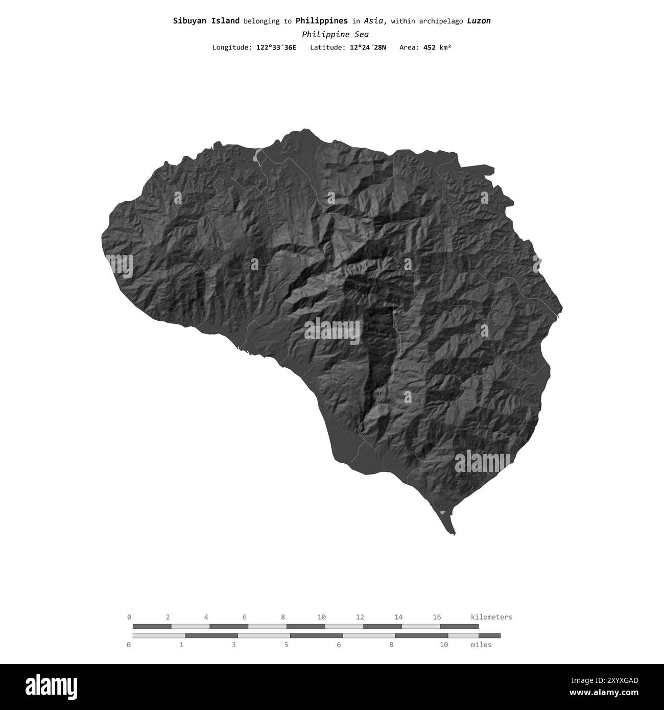 Isola di Sibuyan, nel Mar delle Filippine, isolata su una mappa di elevazione a due livelli, con scala di distanza Foto Stock