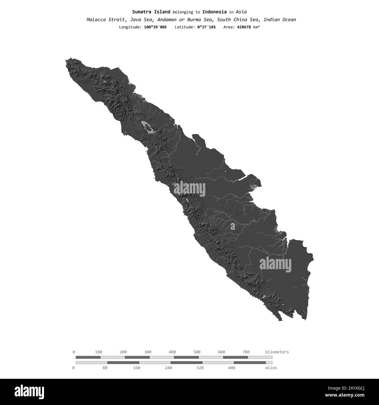 Isola di Sumatra nel Mar di Giava, appartenente all'Indonesia, isolata su una mappa di elevazione a due livelli, con scala di distanza Foto Stock