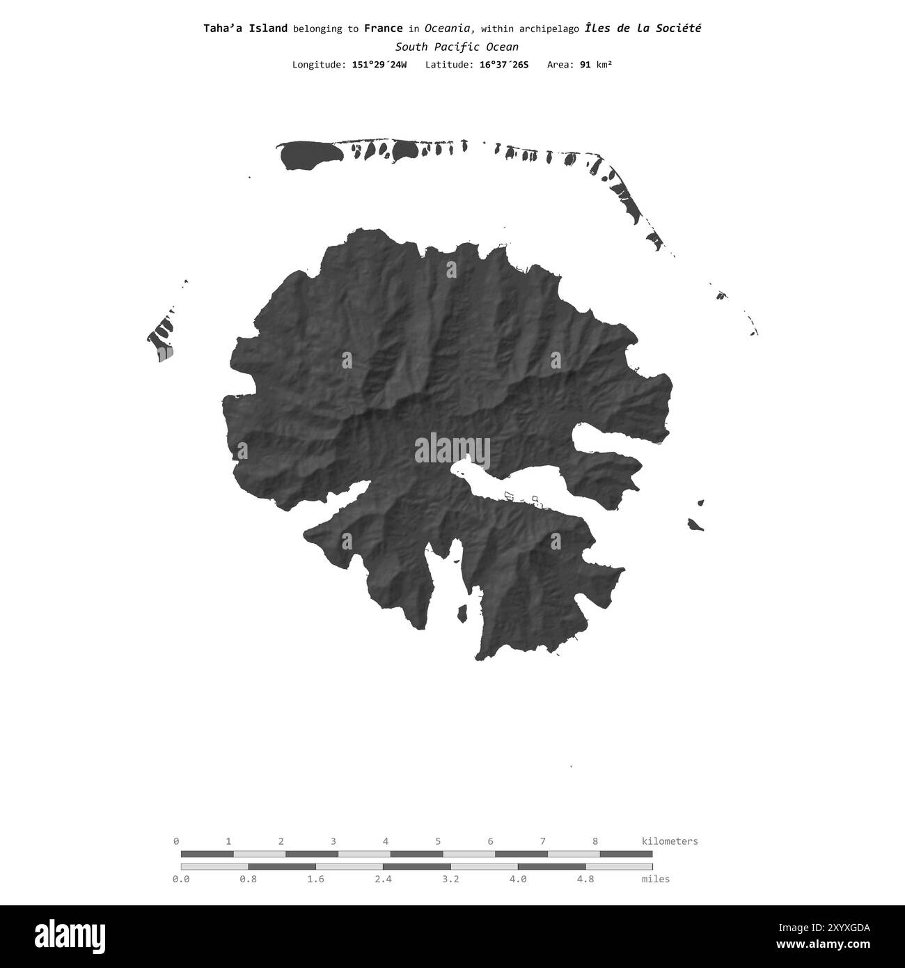 Isola di Tahaa nell'Oceano Pacifico meridionale, appartenente alla Francia, isolata su una mappa di elevazione a due livelli, con scala di distanza Foto Stock