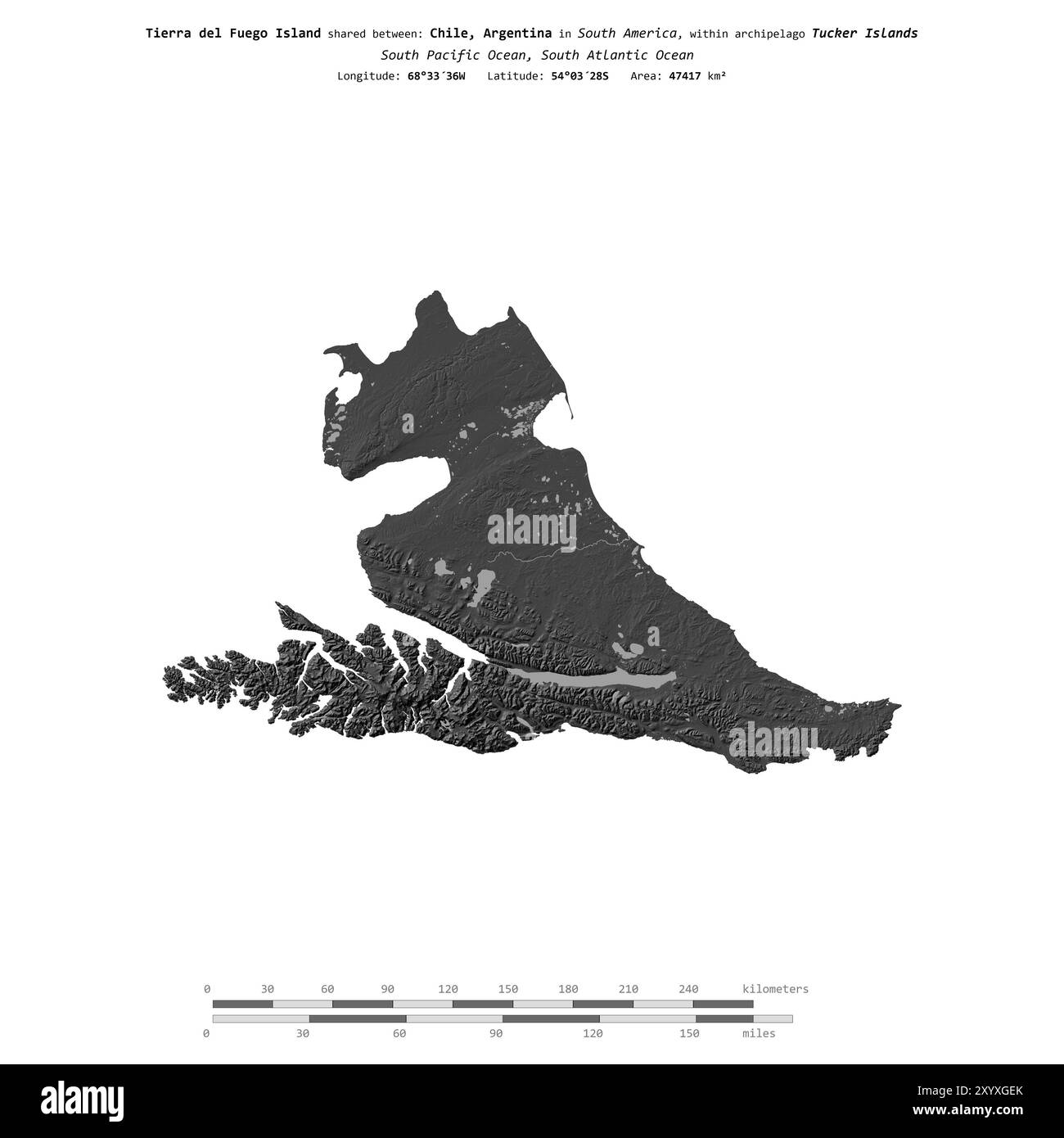Isola Tierra del Fuego nell'Oceano Pacifico meridionale, condivisa tra: Cile, Argentina, isolata su una mappa bilivello, con scala di distanza Foto Stock