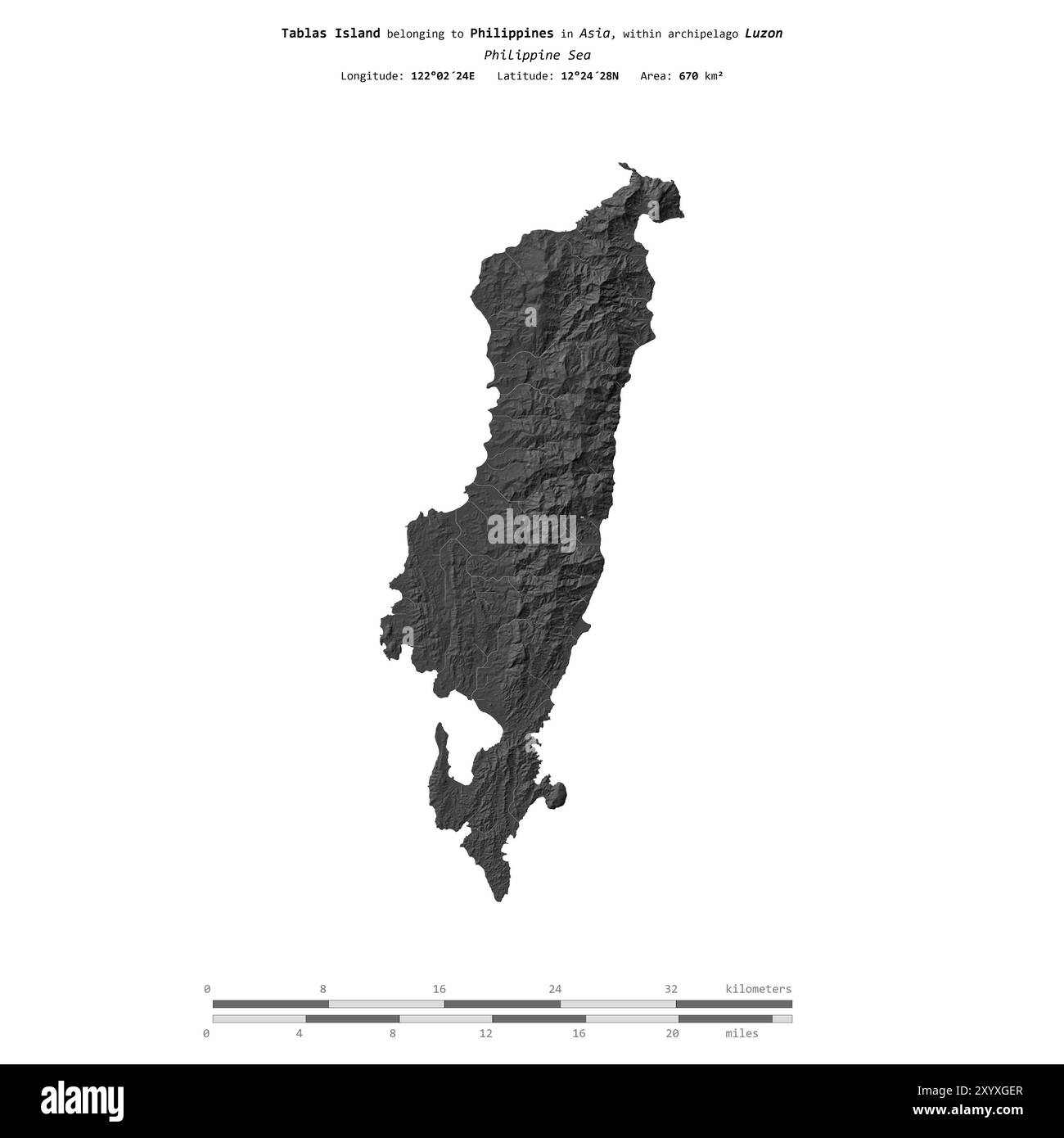 Tablas Island nel Mar delle Filippine, appartenente alle Filippine, isolata su una mappa di elevazione a due livelli, con scala di distanza Foto Stock