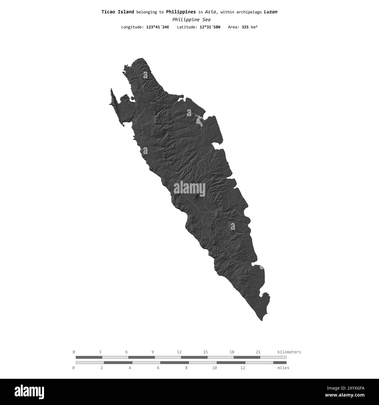 Isola di Ticao, nel Mar delle Filippine, isolata su una mappa di elevazione a due livelli, con scala di distanza Foto Stock