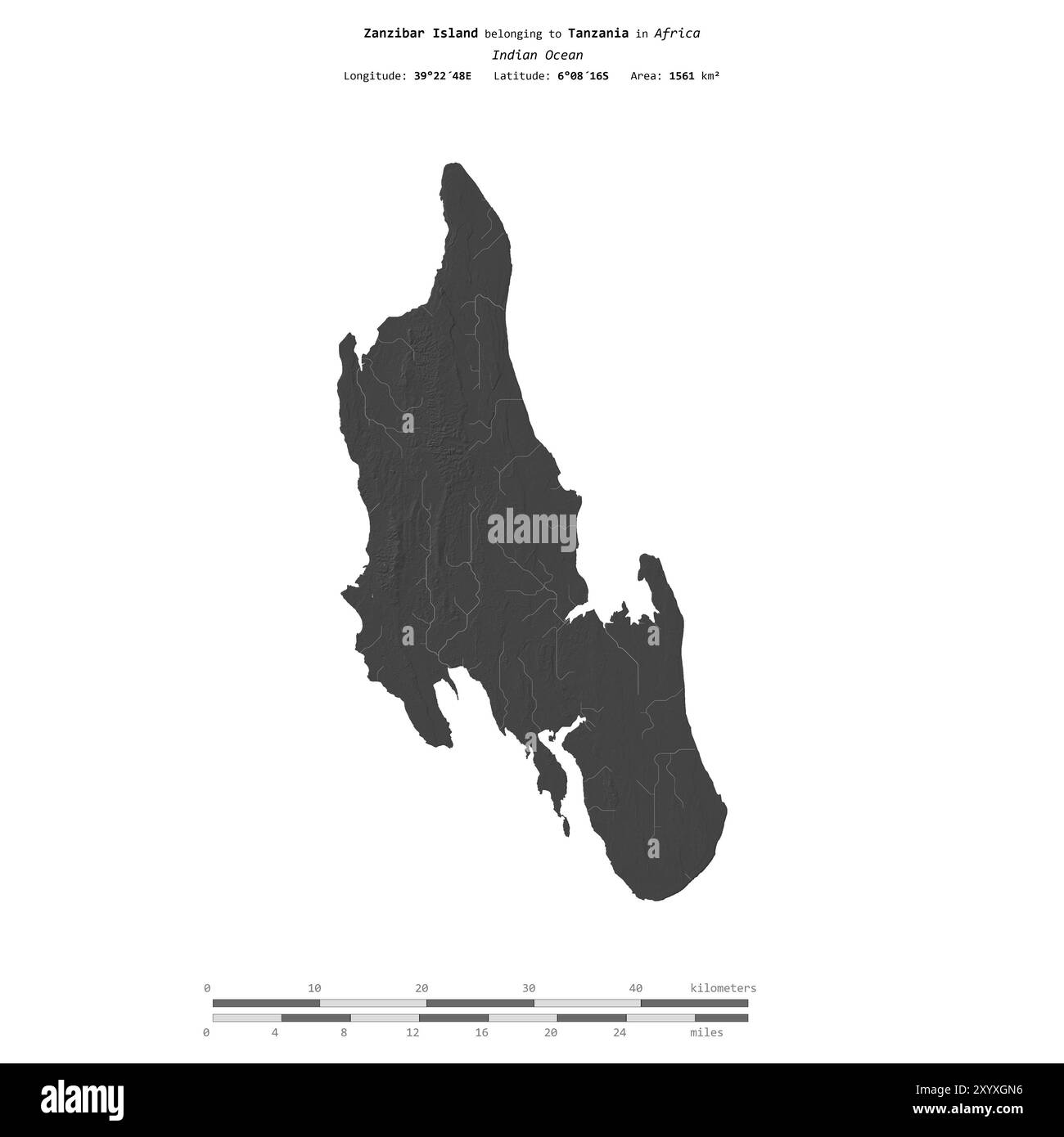 Isola di Zanzibar nell'Oceano Indiano, appartenente alla Tanzania, isolata su una mappa di elevazione a due livelli, con scala di distanza Foto Stock
